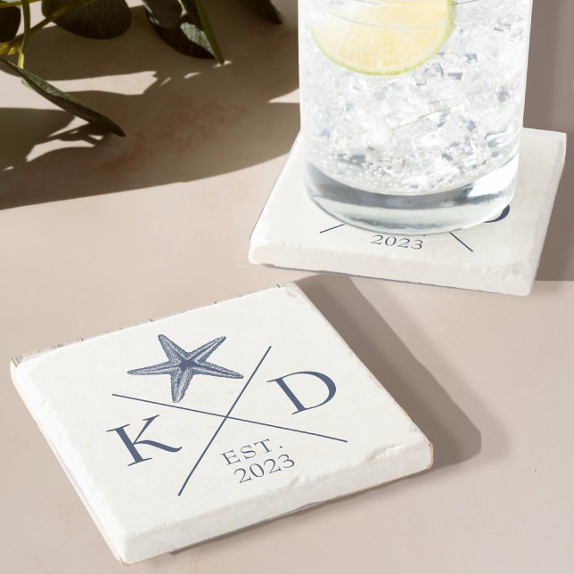 Monograma Marinho de Starfish Porta copos de pedra (Immerse yourself in the calming, serene energy of the sea with our Monogram Starfish Stone Coaster)