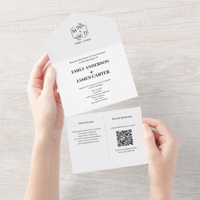 Monograma Mínimo de Casamento com Código QR Botâni (Aba destacável)