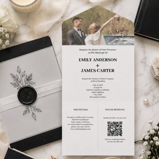 Monograma Mínimo de Fotografia Botânica para Casam (Monogram Wedding All In One Invitation)