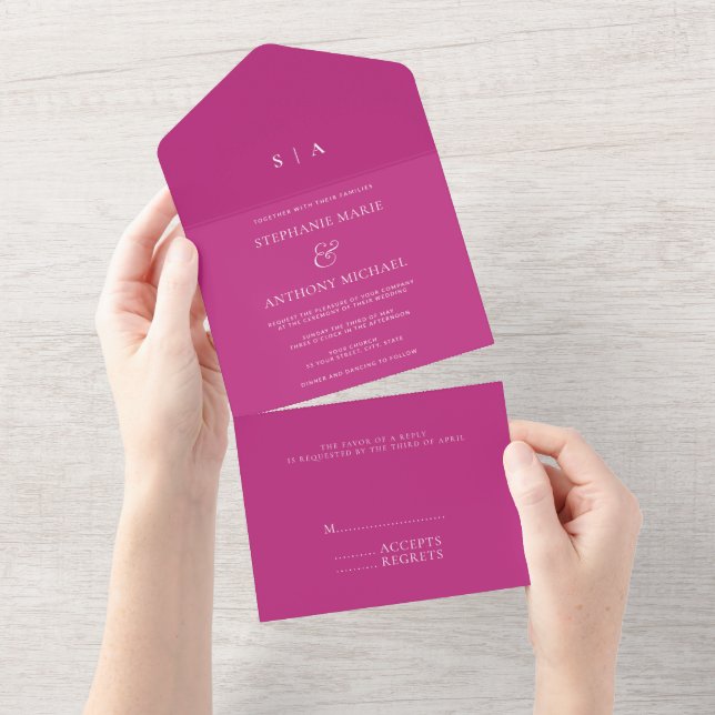 Monograma Mínimo Moderno Magenta e Casamento Branc (Aba destacável)