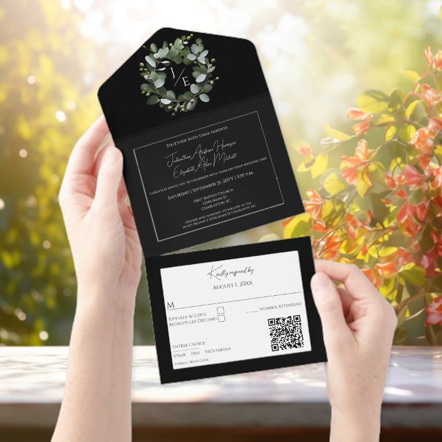 Monograma Moderno Eucalyptus Wreath Black (Black Modern Monogram Eucalyptus Wreath All in One Wedding Invitation)