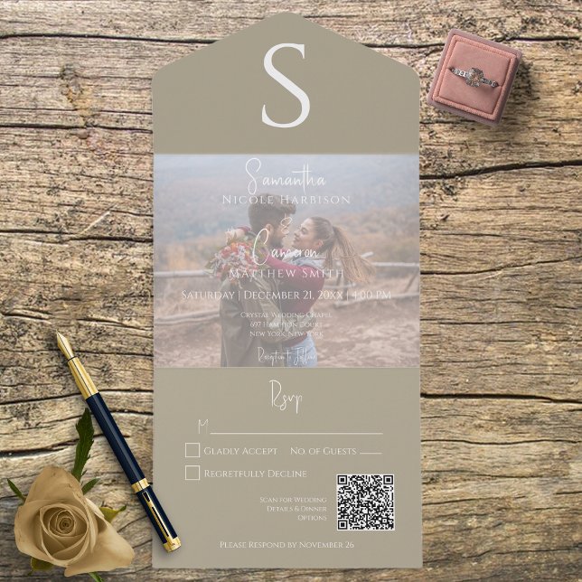 Monograma Moderno Foto QR Code Bege Khaki (Criador carregado)