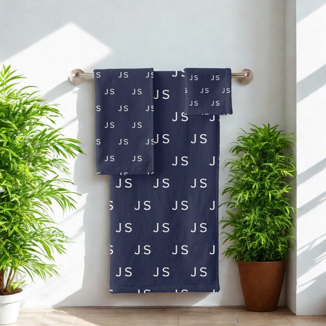 Monograma Padrão Conjunto de Bandejas Azuis da Mei (A midnight blue bath towel set with space for your initials. )