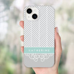Monograma Personalizado da cinza e da Mint Herring<br><div class="desc">Design de Na moda de Gato Moderno e Bonito com Trendy,  com Preppy Herringbone Patterls e Caligrafia,  florescem com um Nome Personalizado de Monograma ou Inicial</div>