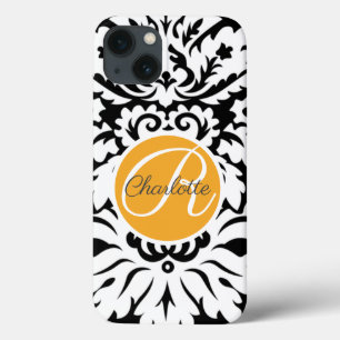 Monograma Personalizado - Damasco Preto Laranja La