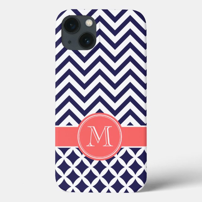 Monograma Personalizado de Cevron Azul e Coral mar (Verso)