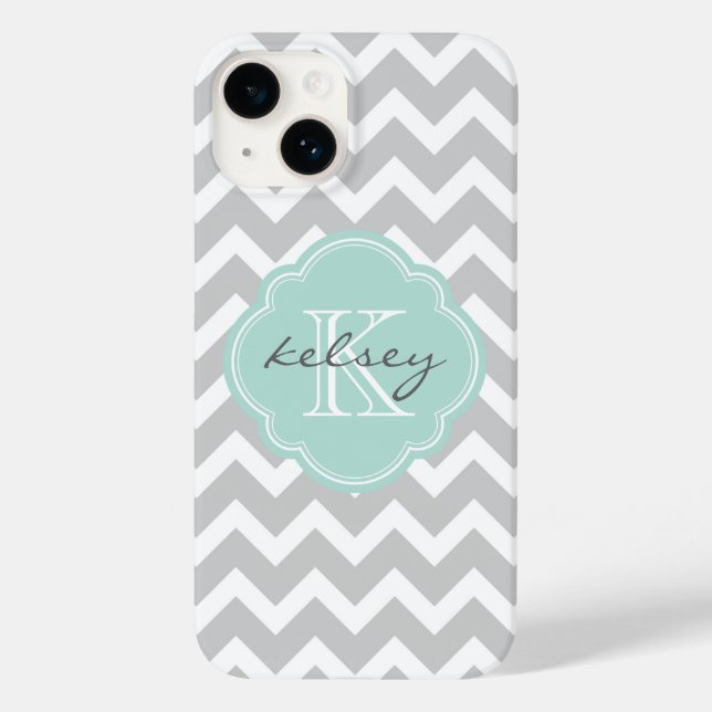 Monograma Personalizado de cinza e Mint Chevron (Verso)