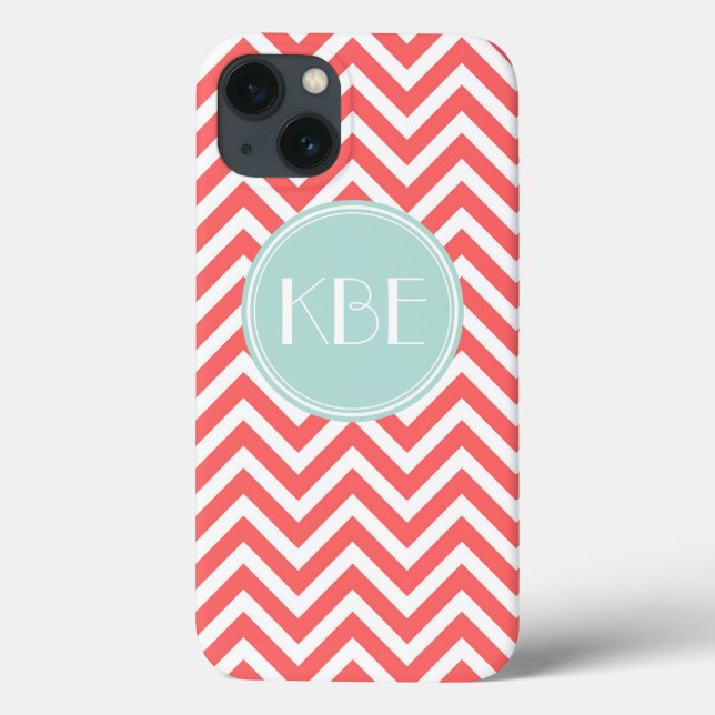 Monograma Personalizado de Coral e Mint Chevron (Verso)