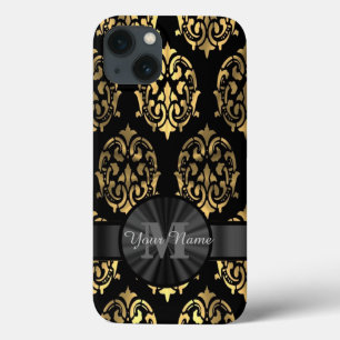 Monograma personalizado de damasco preto e dourado