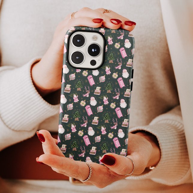 Monograma Personalizado de Natal Retroativo Papais (Vintage Santa Retro Pink Christmas Custom Monogram Case-Mate iPhone Case)