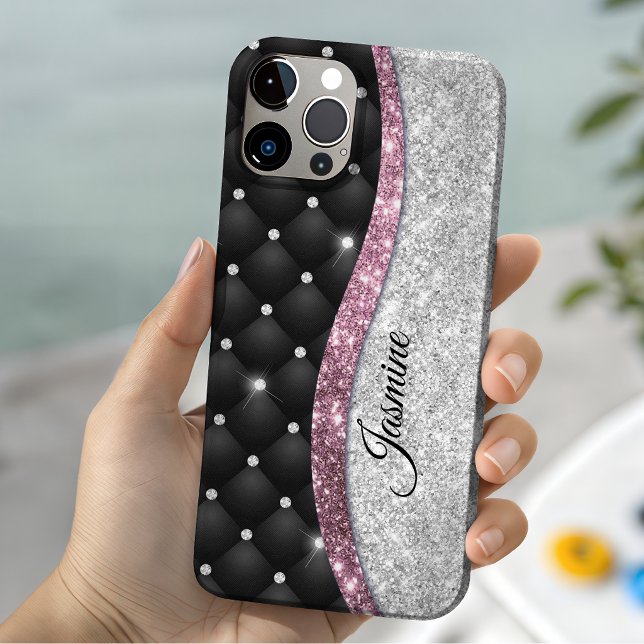 Monograma preto glitter prata falso menina Chic (Criador carregado)