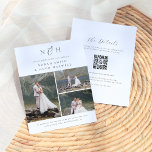 Monograma QR Código 3 Colagem Fotográfica Casament<br><div class="desc">Monograma Inicializa Código QR 3 Foto Colagem Colagem de Fotos Convites de orçamento, um design elegante e simples. Este design único apresenta uma colagem de três fotos de noivado personalizadas na frente, capturando a bela jornada da história de amor do casal. No topo, suas iniciais monográficas se entrelaçam graciosamente, acompanhadas...</div>