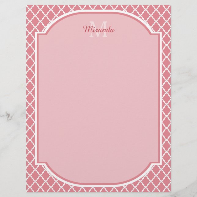 Monograma Quatrefoil Cor-De-Rosa Chic Com Nome (Frente)