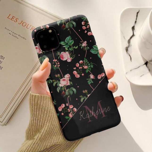 Monograma Rosa Preto Moderno com Florais Vintage (Criador carregado)