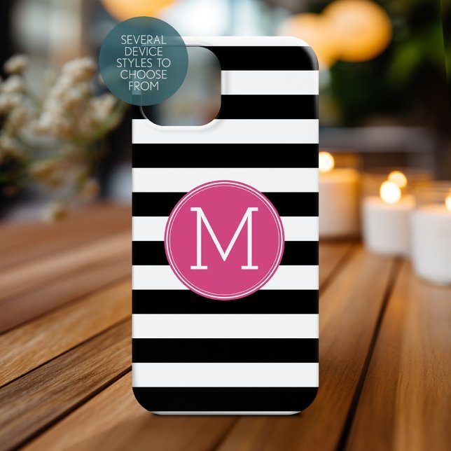 Monograma Rosa Quente, de Padrão Preto e Branco (Personalized Phone Case with Monogram)