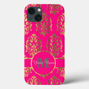 Monograma rosa quente e damasco dourado