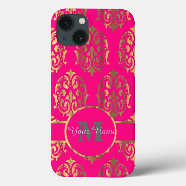 Monograma rosa quente e damasco dourado (Verso)