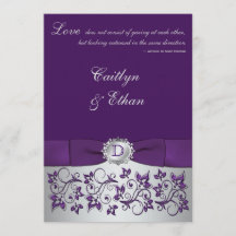 Monograma Roxo, Convite para Casamento Floral de P