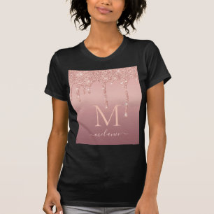 Monograma Seu Nome Rosa Blush Glitter T-Shirt Com