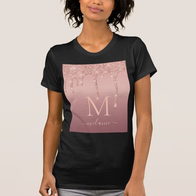 Monograma Seu Nome Rosa Blush Glitter T-Shirt Com  (Frente)