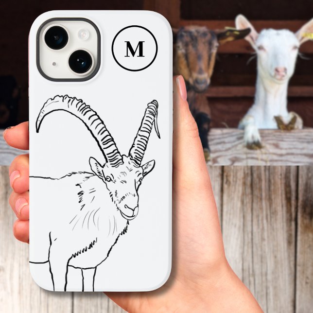 Monograma Simples de Desenho de Cabra Preto e Bran (Minimlist goat drawing black and white monogram custom iPhone case)