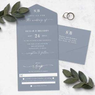 Monograma Simples e Casamento Azul Dusty de Script