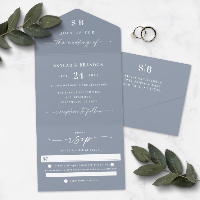 Monograma Simples e Casamento Azul Dusty de Script (Criador carregado)