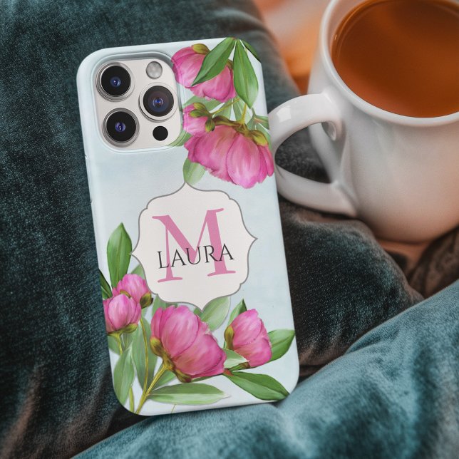 Monograma Simples, Rosa Floral (Pink floral monogram peonies phone case.)