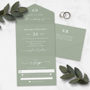 Monograma Simples & Script Casamento Verde Folha T