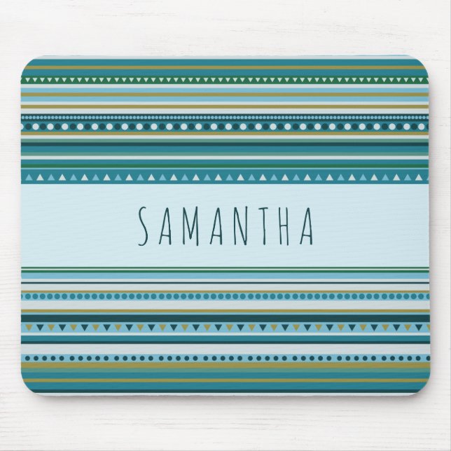Monograma Tribal Teal Blue Stripes Padrão Mousepad (Frente)