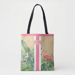 Monograma Tropical Faux Burlap Jute Tote Bag