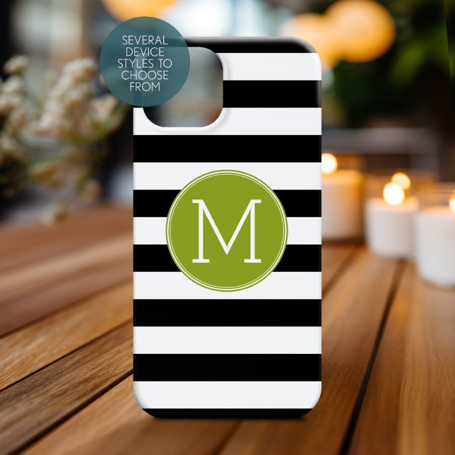 Monograma verde de padrão em branco e preto (Personalized Phone Case with Monogram)