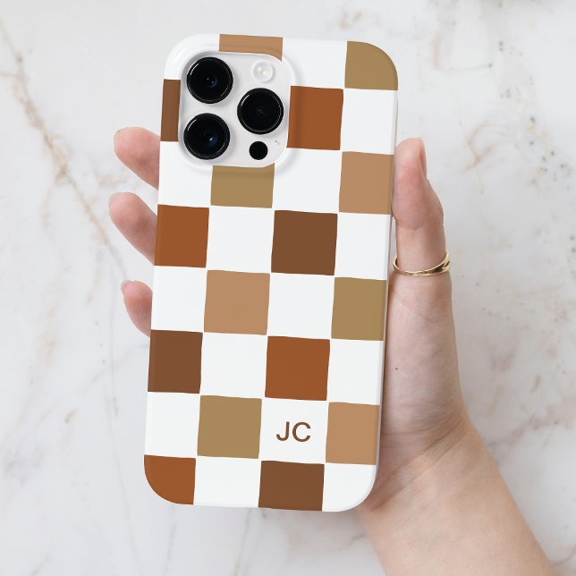 Monograma Verificado Padrão Simples Castanho Moder (Monogram Checkered Brown Modern Simple Pattern Case-Mate iPhone Case)