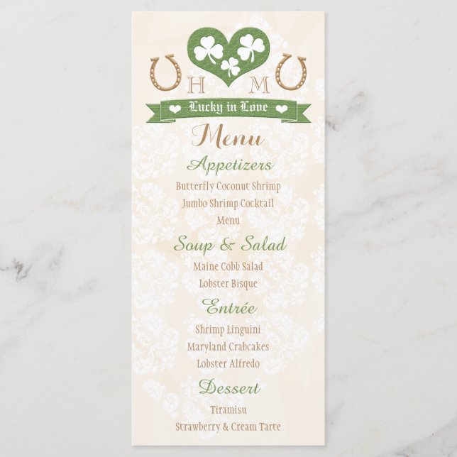 Monogramas Lucky in Love Shamrock Menu Casamento (Frente)