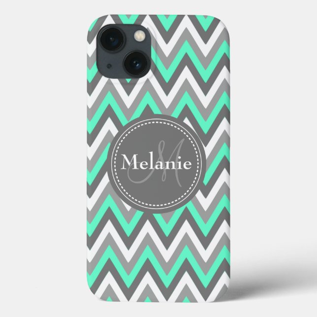 Monogrammed Blue & Grey Chevron iPhone 13 Case (Verso)