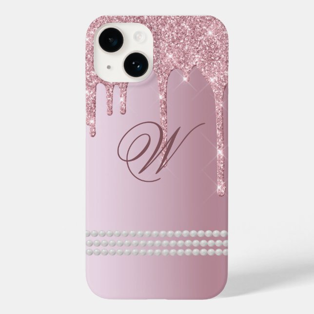 Monongram Blush Pink Glitter Drip iPhone 14, (Verso)