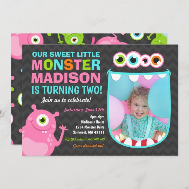 Monster Birthday - Partido Monstro Rosa de Convite (Frente/Verso)