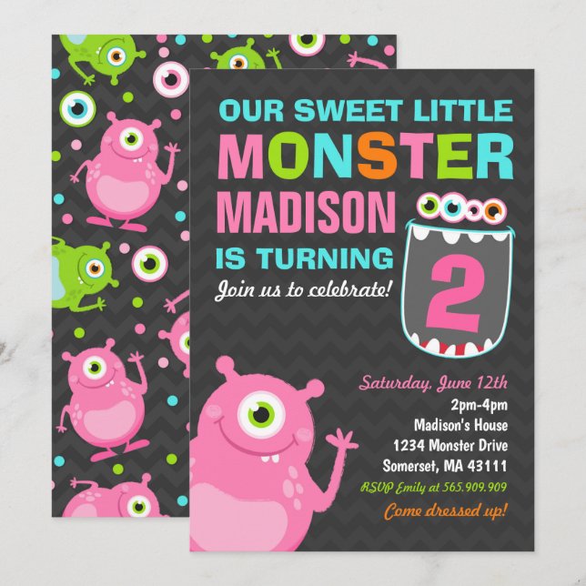 Monster Birthday - Partido Monstro Rosa de Convite (Frente/Verso)
