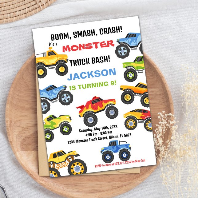 Monster Truck Birthday - Convites Cores (Monster Truck Birthday Invitations Colours)