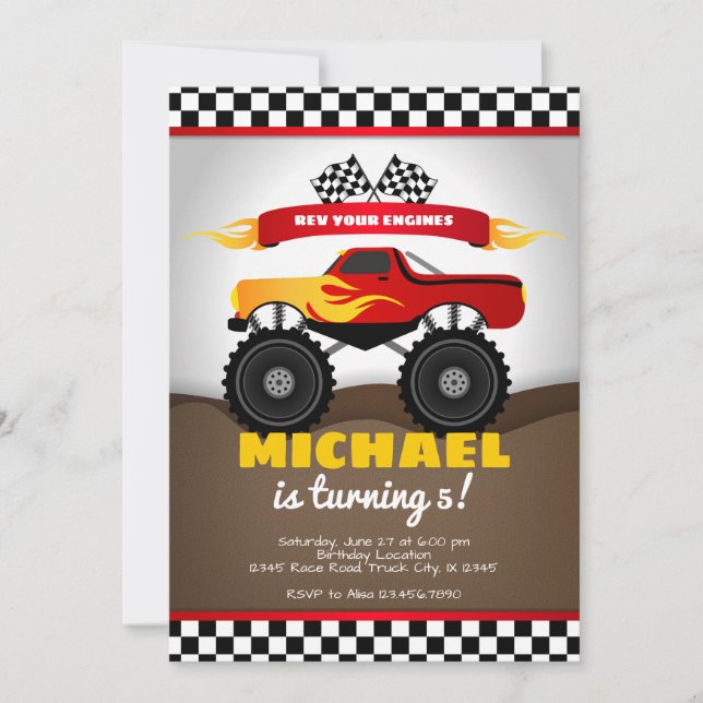 Monster Trucks Convite de Aniversário para Menino (Frente)