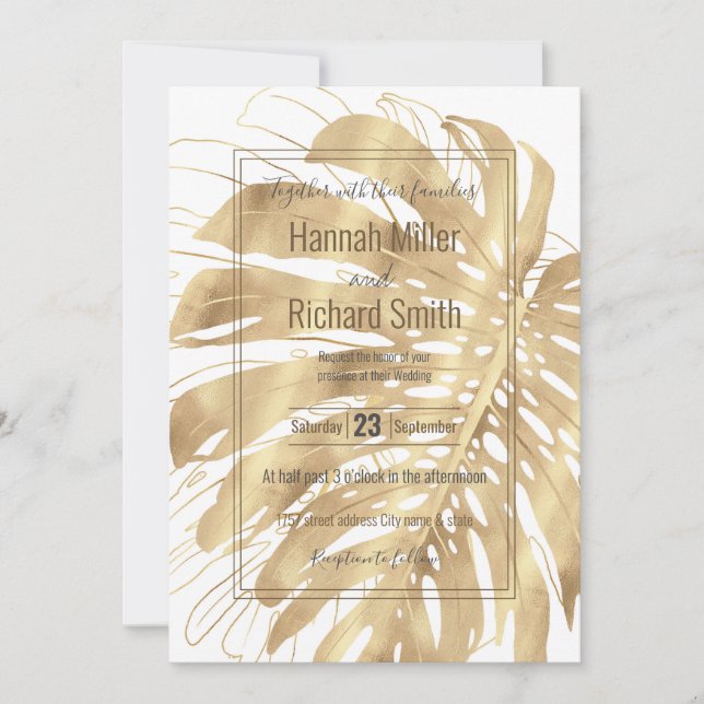 Monstera Leaf White Design Dourado Tropical (Frente)