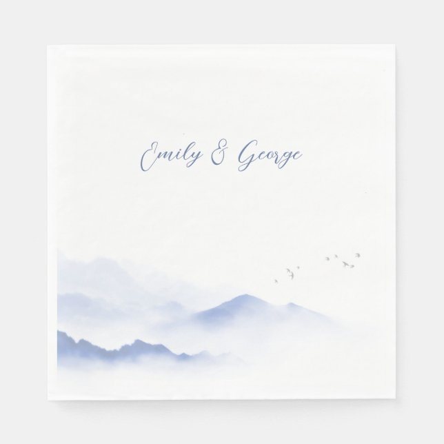 Montanhas azuis e guardanapos de casamento de aves (Frente)