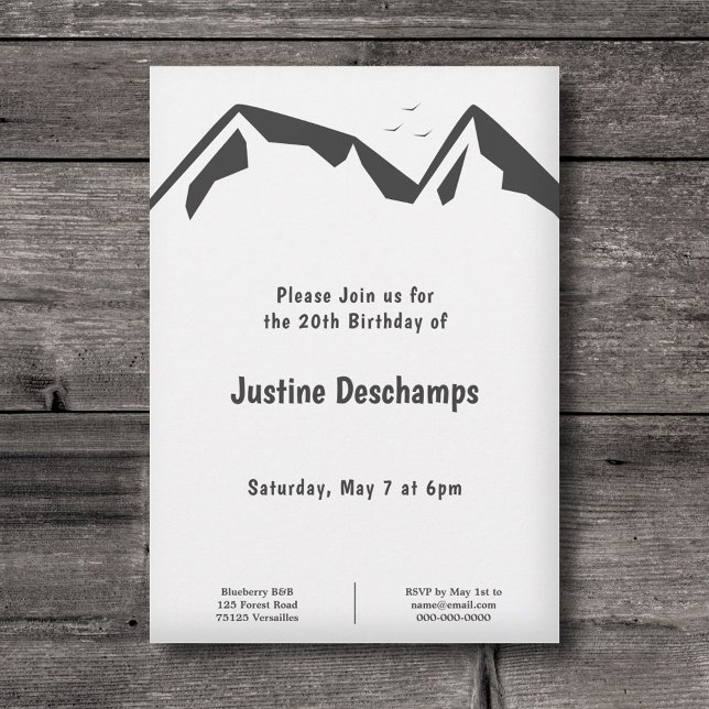 Montanhas - Convite de Aniversário Negro e Branco (Mountains - Black and White Birthday Invitation)