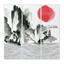 Montanhas de pintura japonesa Sumi-e e Sunset