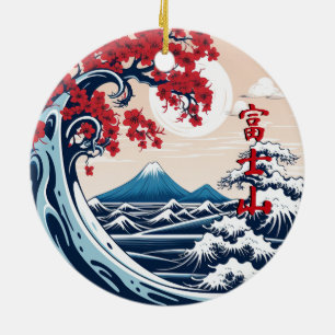 Monte Fuji sobre o ornamento cerâmico das ondas