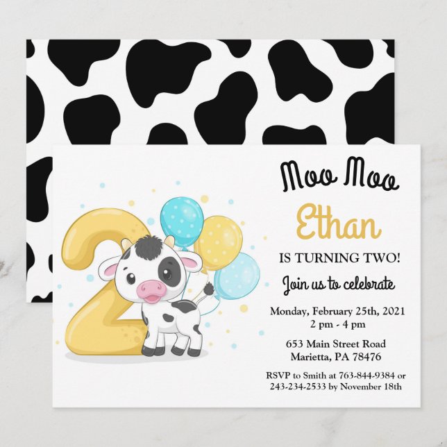 Moo Moo Estou com Dois Convite de Aniversário de 2 (Frente/Verso)