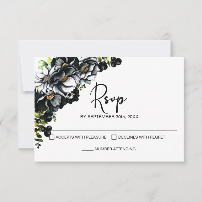 Moody Black Floral Wedding RSVP (Frente)