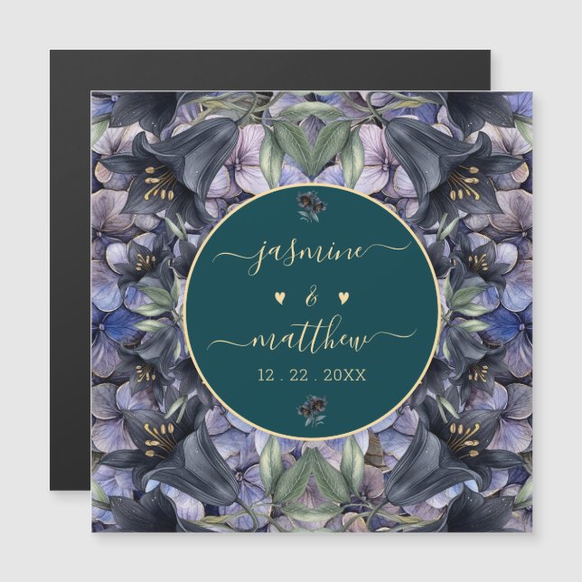 Moody Black Rose Couple Name Wedding Magnetic Card (Frente/Verso)
