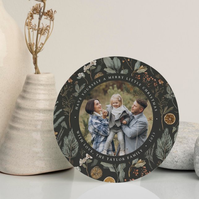 Moody Botanical Round Holiday Cartão com fotos (Criador carregado)