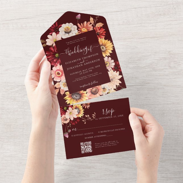 Moody Fall Burgundy Floral Dahlia Rustic OR Code (Tearaway)